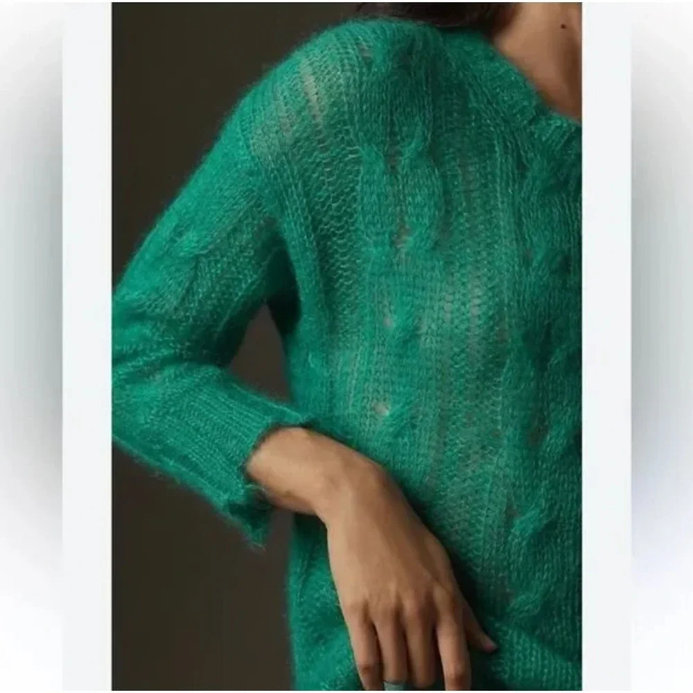 Anthropologie The Posey‎ Stitchy Distressed Mohair Sweater in Green Size Small - Picture 10 of 11